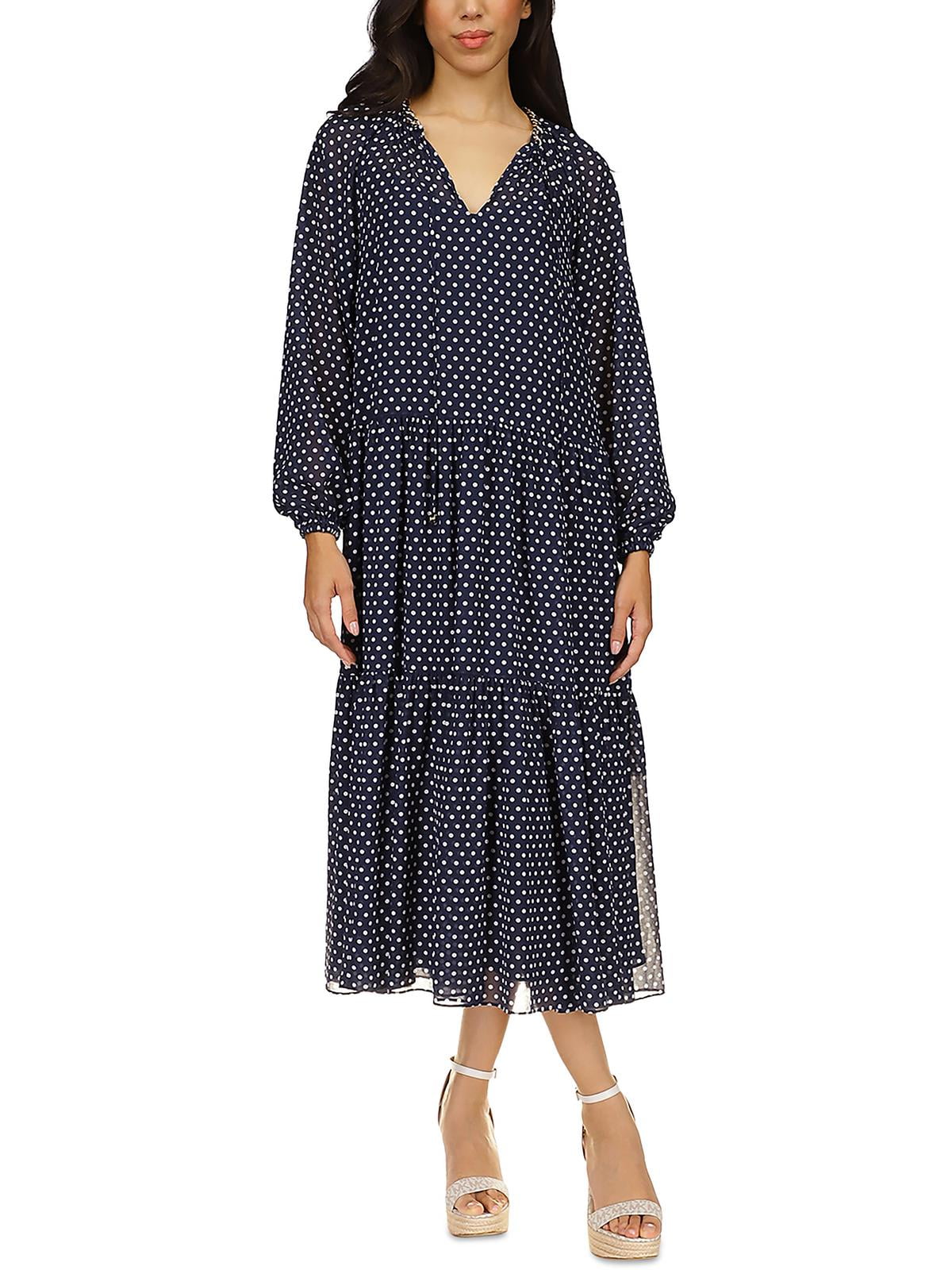 Michael Kors Graphic Dot Tiered Midi Dress Blue Size S
