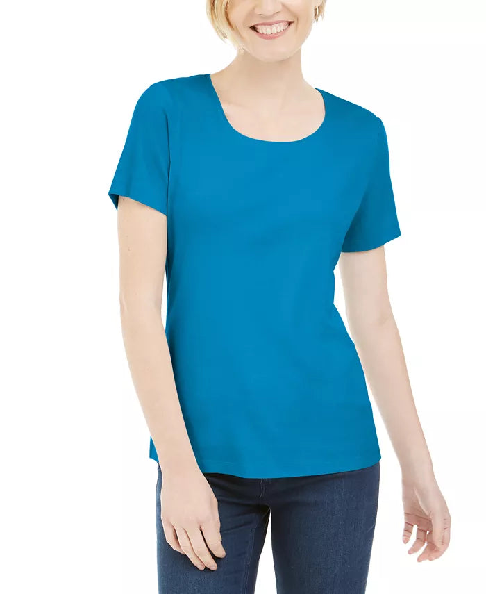 Karen Scott Women's Petite Cotton Scoop-Neck Top Blue Size Petite