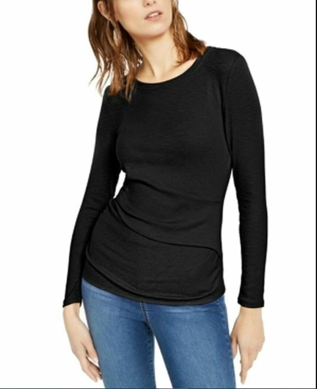 INC International Concepts Women's Long-Sleeve Draped T-Shirt Black Size X-Small