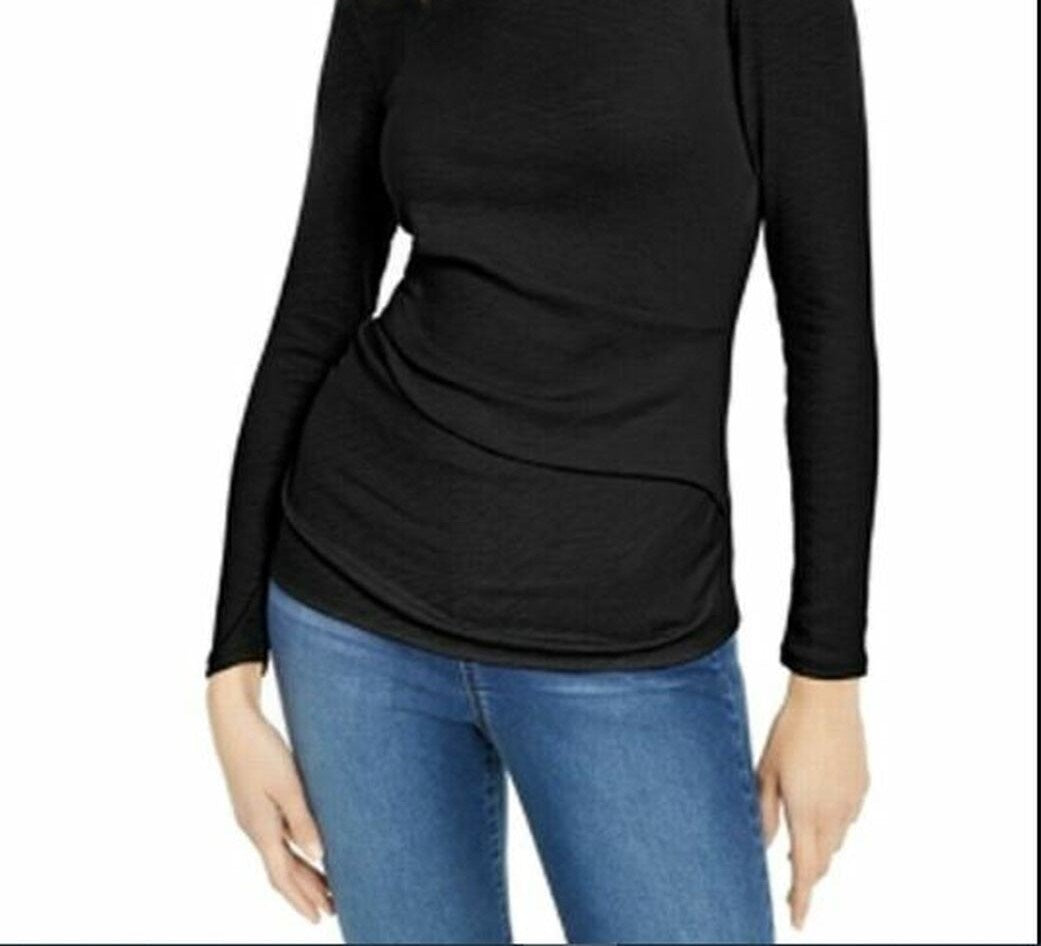 INC International Concepts Women's Long-Sleeve Draped T-Shirt Black Size X-Small