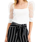 Bar III Women's Puffed Sleeve Illusion Top White Size Small