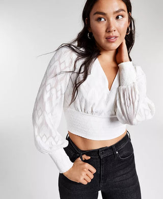 Bar III Women's Jacquard Cropped Blouse White Size XX-Large