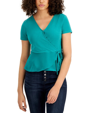 Bar III Women's Woven Knit Surplice Top Green Size Small