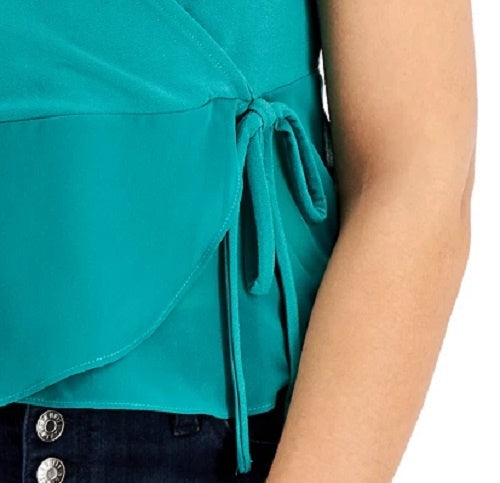 Bar III Women's Woven Knit Surplice Top Green Size Small