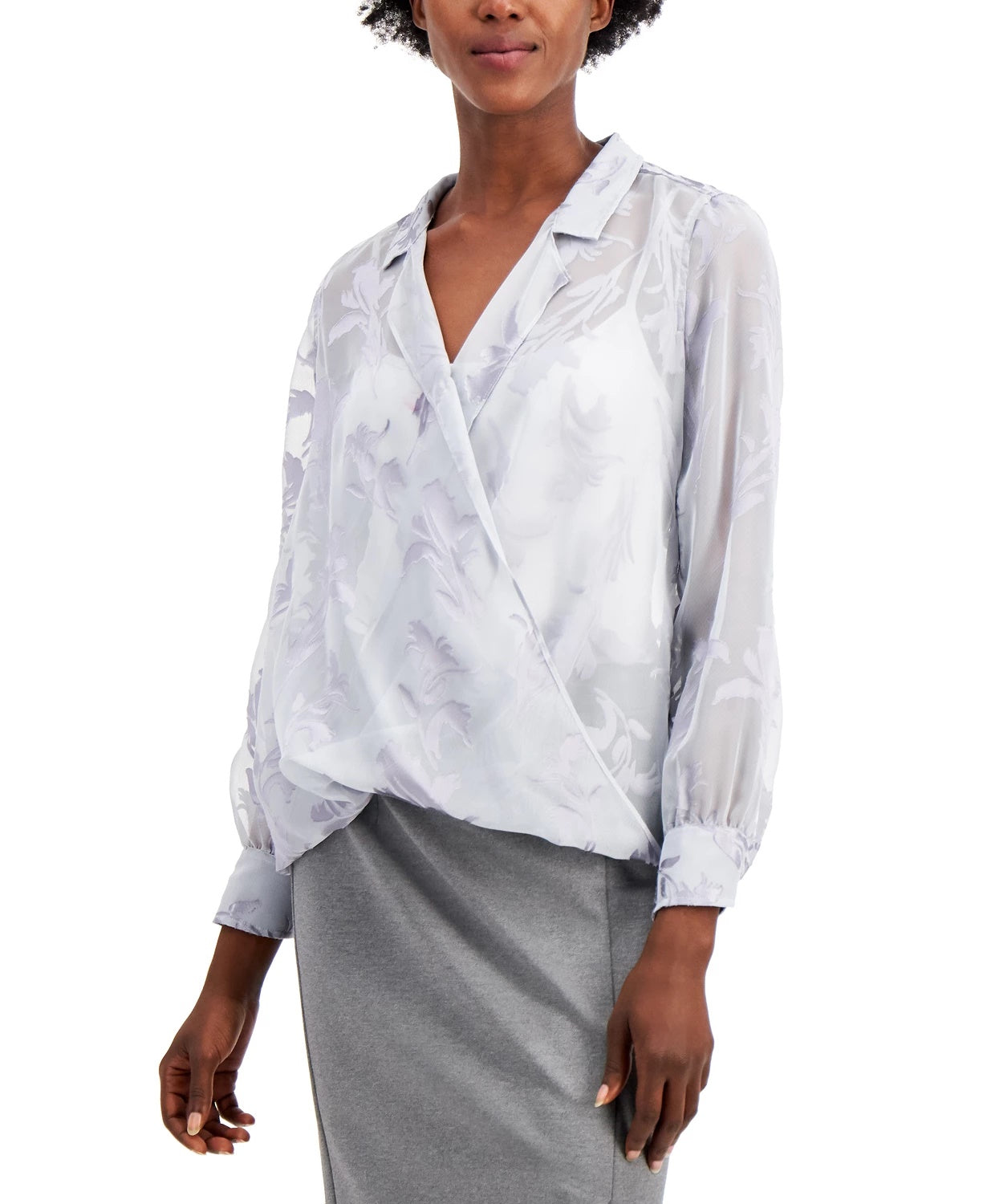 Alfani Women's Faux-Wrap Burnout-Detail Blouse Gray Size Large
