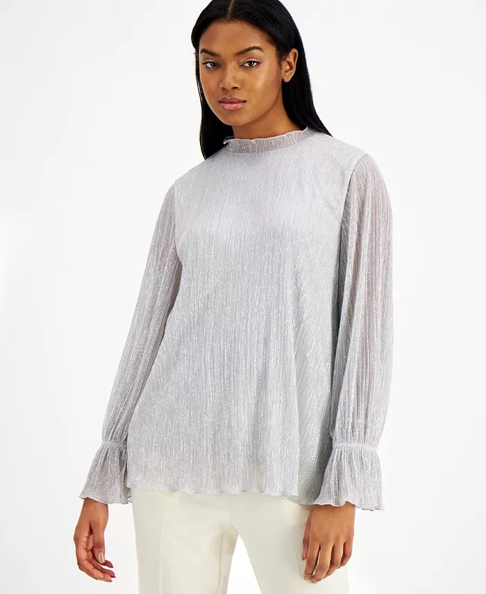 Alfani Women's Metallic Ruffle Neck Top Grey Size XX-Large