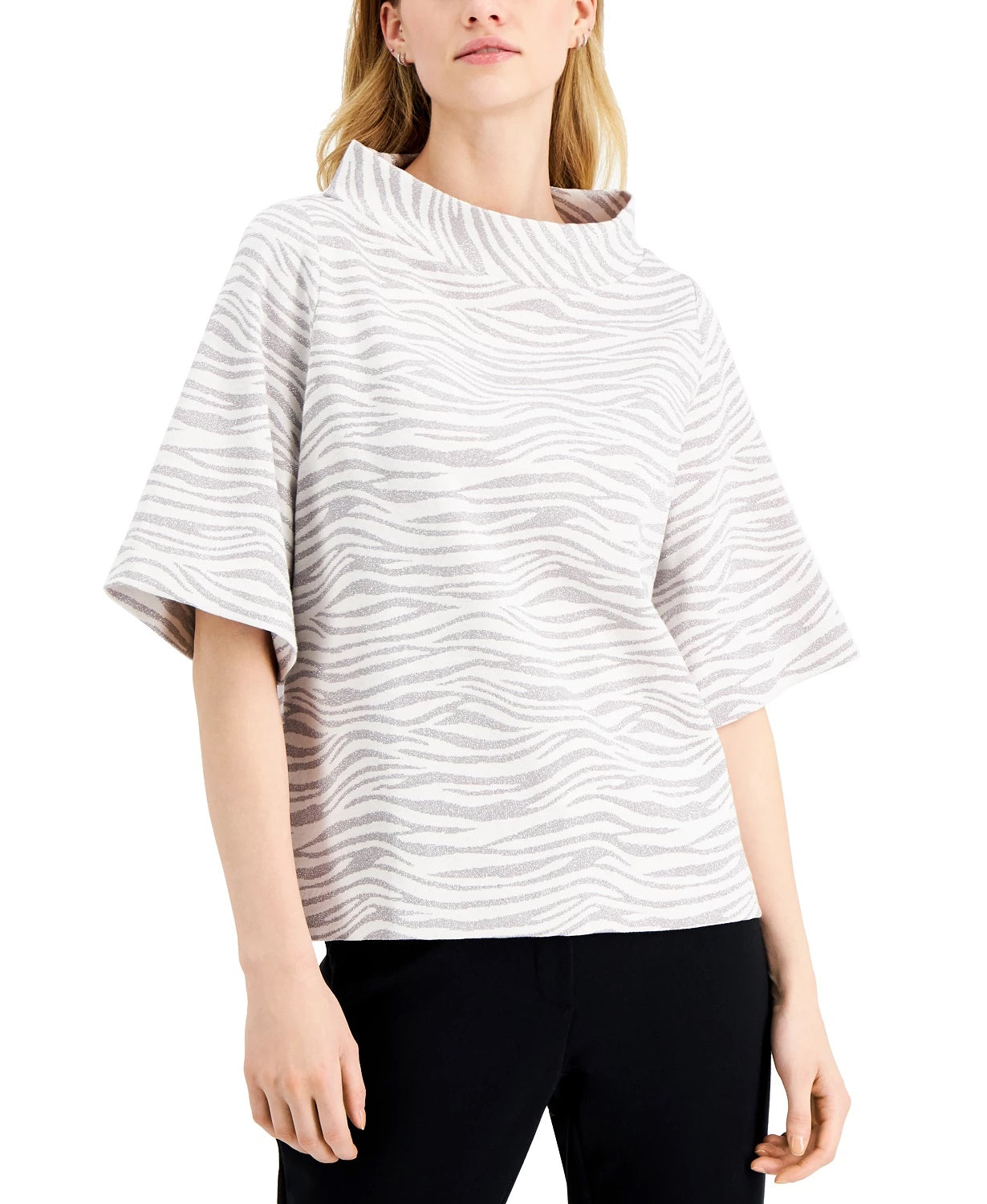 Alfani Women's Metallic Animal-Print Mock-Neck Top White Size Extra Large
