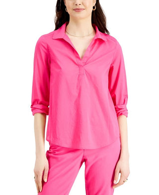 Charter Club Women's Cotton Collared Top Pink Size Petite Medium