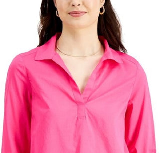 Charter Club Women's Cotton Collared Top Pink Size Petite Medium