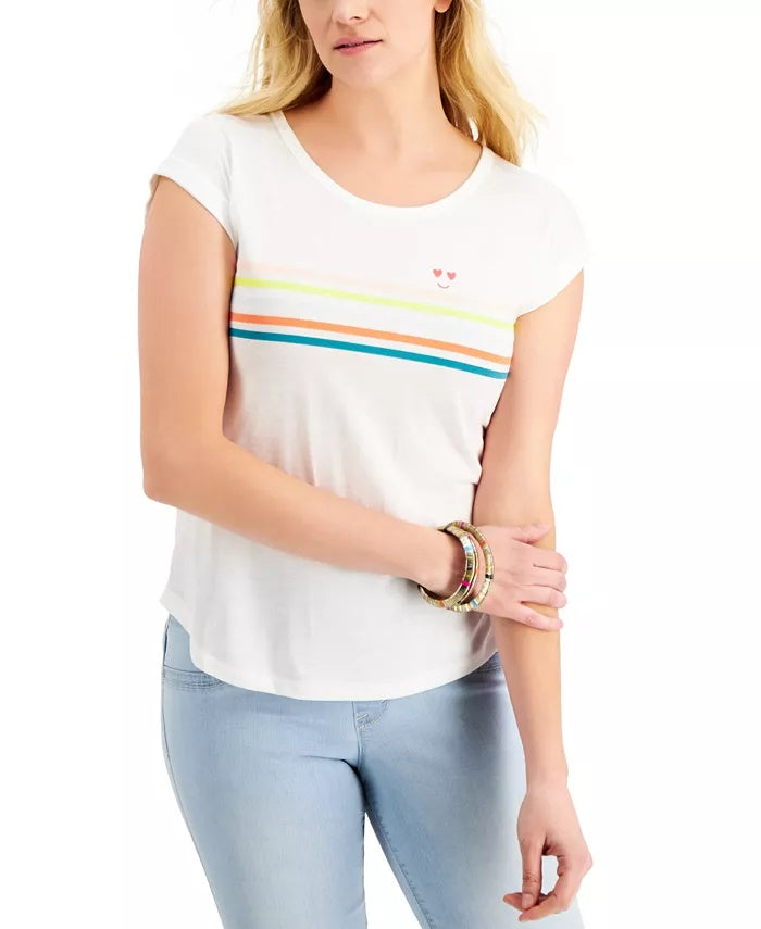 Style & Co Women's Happy Stripes Graphic T-Shirt White Size X-Small