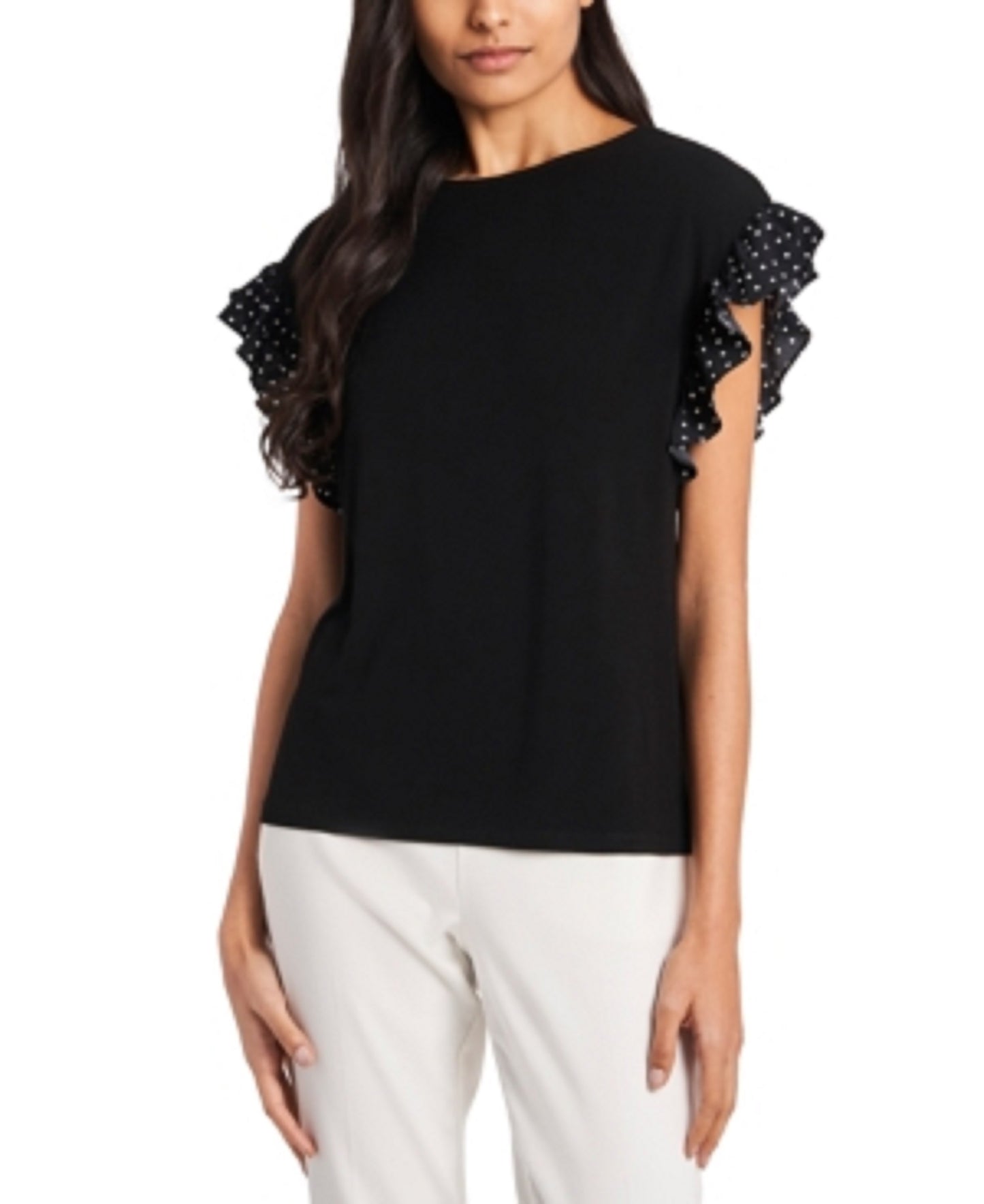 Riley & Rae Women's Polka-Dot Ruffled-Sleeve Top Gray Size X-Small