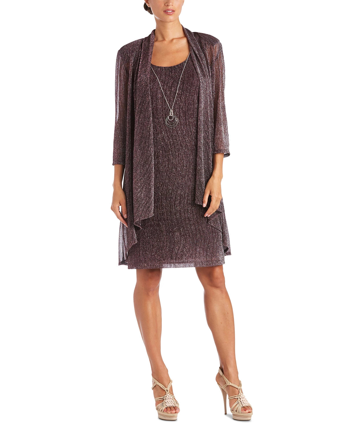 R & M Richards Women's Petite Crinkle-Knit Dress & Jacket Dark Red Size 14 P