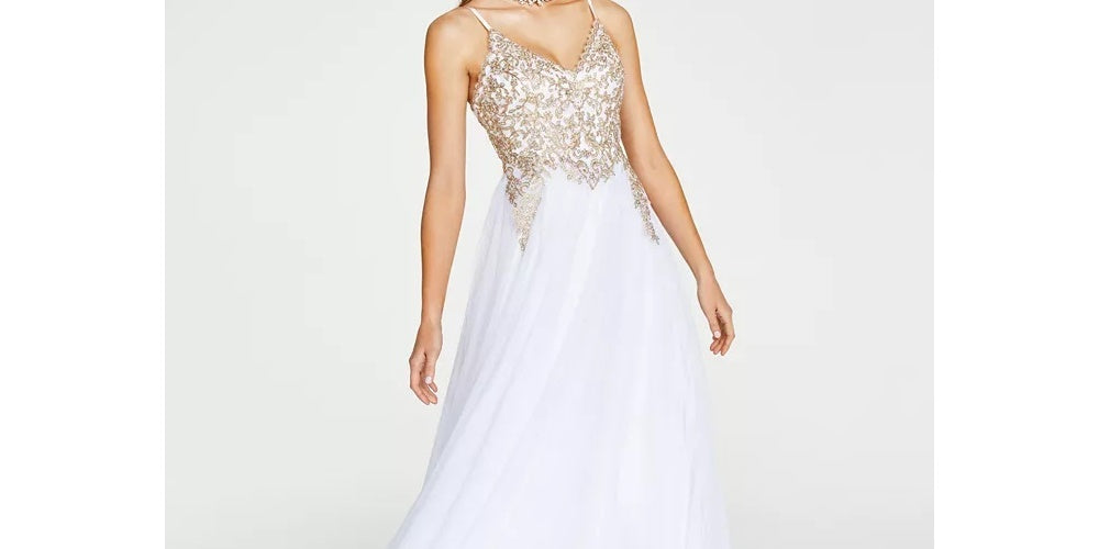 Say Yes To The Prom Juniors' Embroidered Lace-Up Gown Yellow Size 1