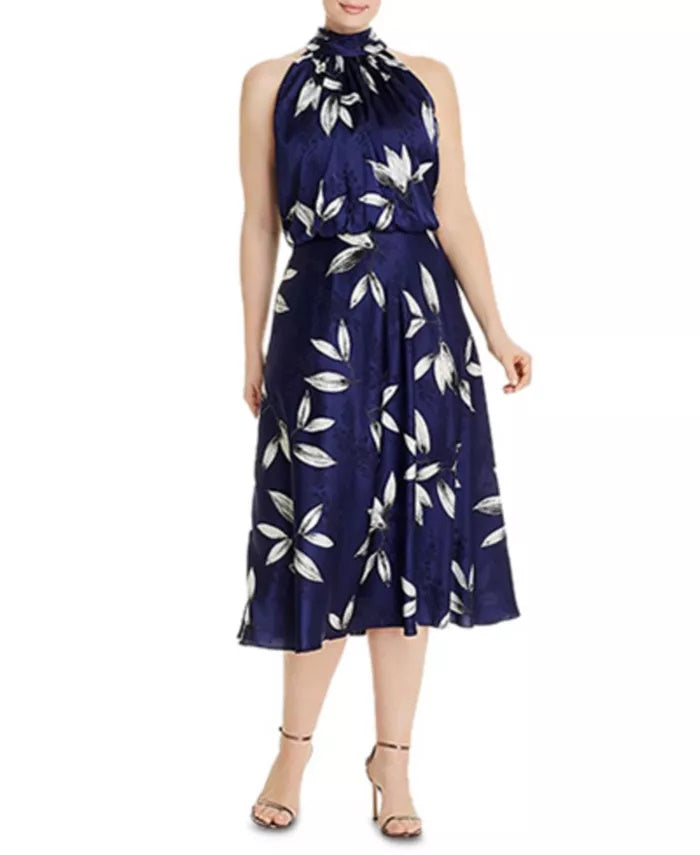 Adrianna Papell Women's Plus Size Tossed Leaves Halter Dress Navy  Size 18