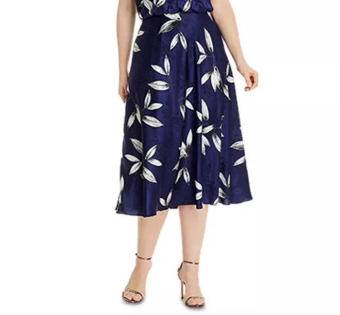Adrianna Papell Women's Plus Size Tossed Leaves Halter Dress Navy  Size 18