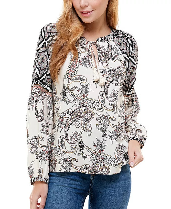 Kingston Grey Juniors' Paisley-Print Split-Neck Top White Size Small
