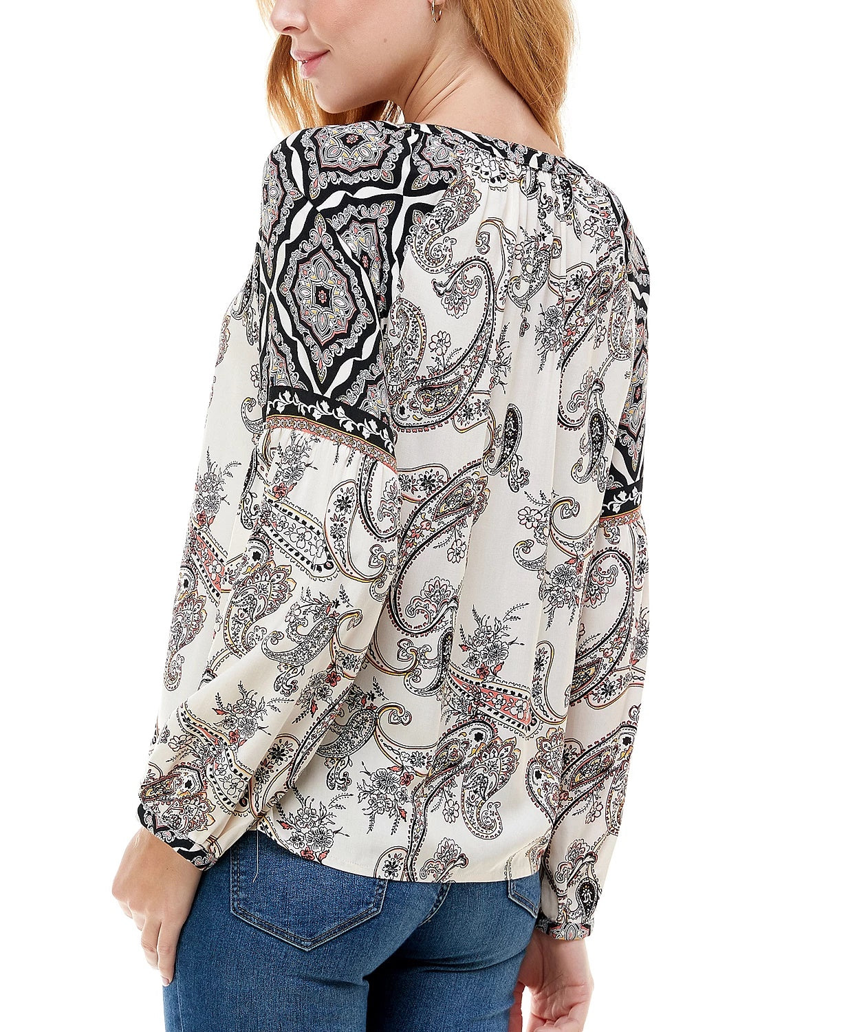 Kingston Grey Juniors' Paisley-Print Split-Neck Top White Size Small