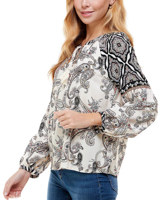 Kingston Grey Juniors' Paisley-Print Split-Neck Top White Size Small