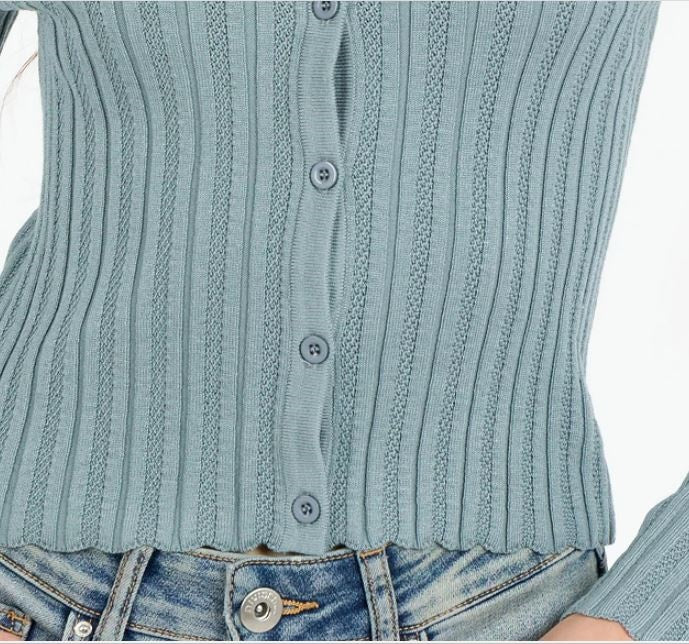 Hippie Rose Junior's Ribbed Cardigan Top Green Size Small