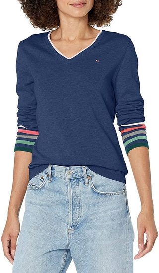 Tommy Hilfiger Women's Cotton V-Neck Sweater Blue Size X-Large