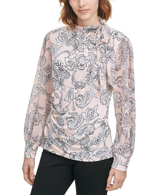 Calvin Klein Women's Printed Tie-Neck Blouse Dark Gray Size Small