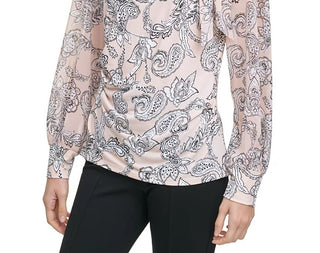 Calvin Klein Women's Printed Tie-Neck Blouse Dark Gray Size Small