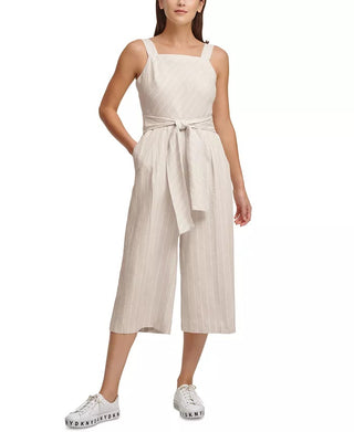 DKNY Women's Striped Belted Wide-Leg Jumpsuit White Size Extra Large