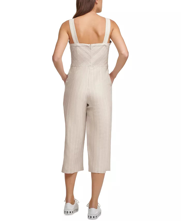 DKNY Women's Striped Belted Wide-Leg Jumpsuit White Size Extra Large