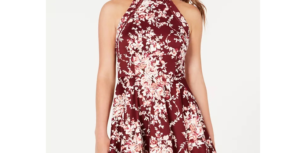 B Darlin Juniors' Printed Mock-Neck Crochet-Trim Fit & Flare Dress Red Size 7