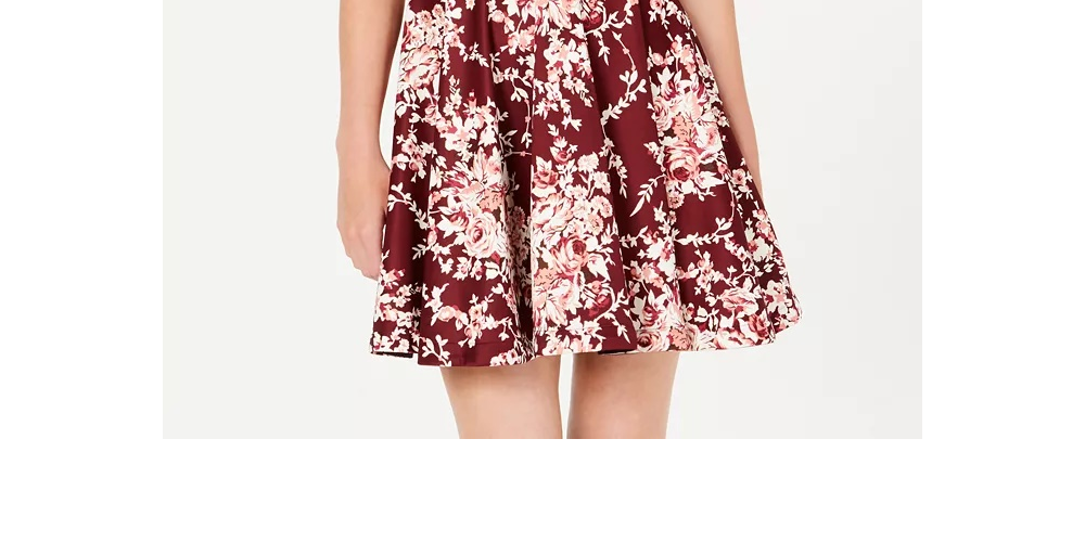 B Darlin Juniors' Printed Mock-Neck Crochet-Trim Fit & Flare Dress Red Size 7