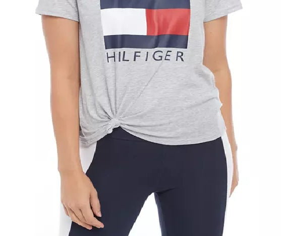 Tommy Hilfiger Women's Sport Logo Knot-Front T-Shirt Gray Size Small