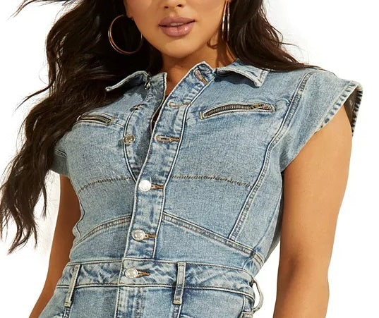 Guess Women's Jett Acid Wash Denim Romper Size Large In Flora Wash  Blue Size Large