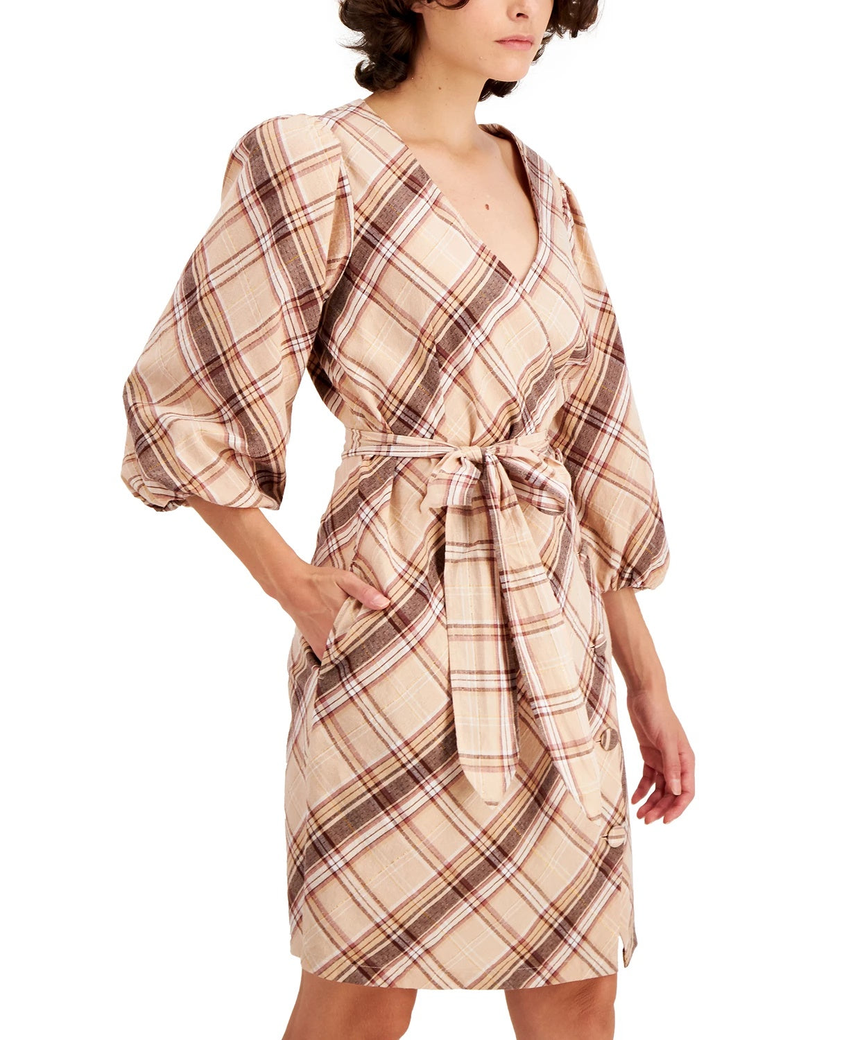 INC International Concepts Women's Puff-Sleeve Wrap Dress Gold Size 10