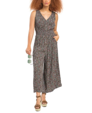 Black Tape Women's Plus Size Floral-Print Smocked-Waist Button-Front Jumpsuit Charcoal Size 2X