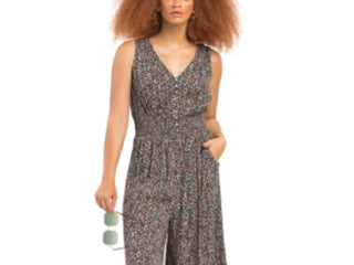 Black Tape Women's Plus Size Floral-Print Smocked-Waist Button-Front Jumpsuit Charcoal Size 2X