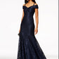 R & M Richards Women's Off The Shoulder Lace Gown