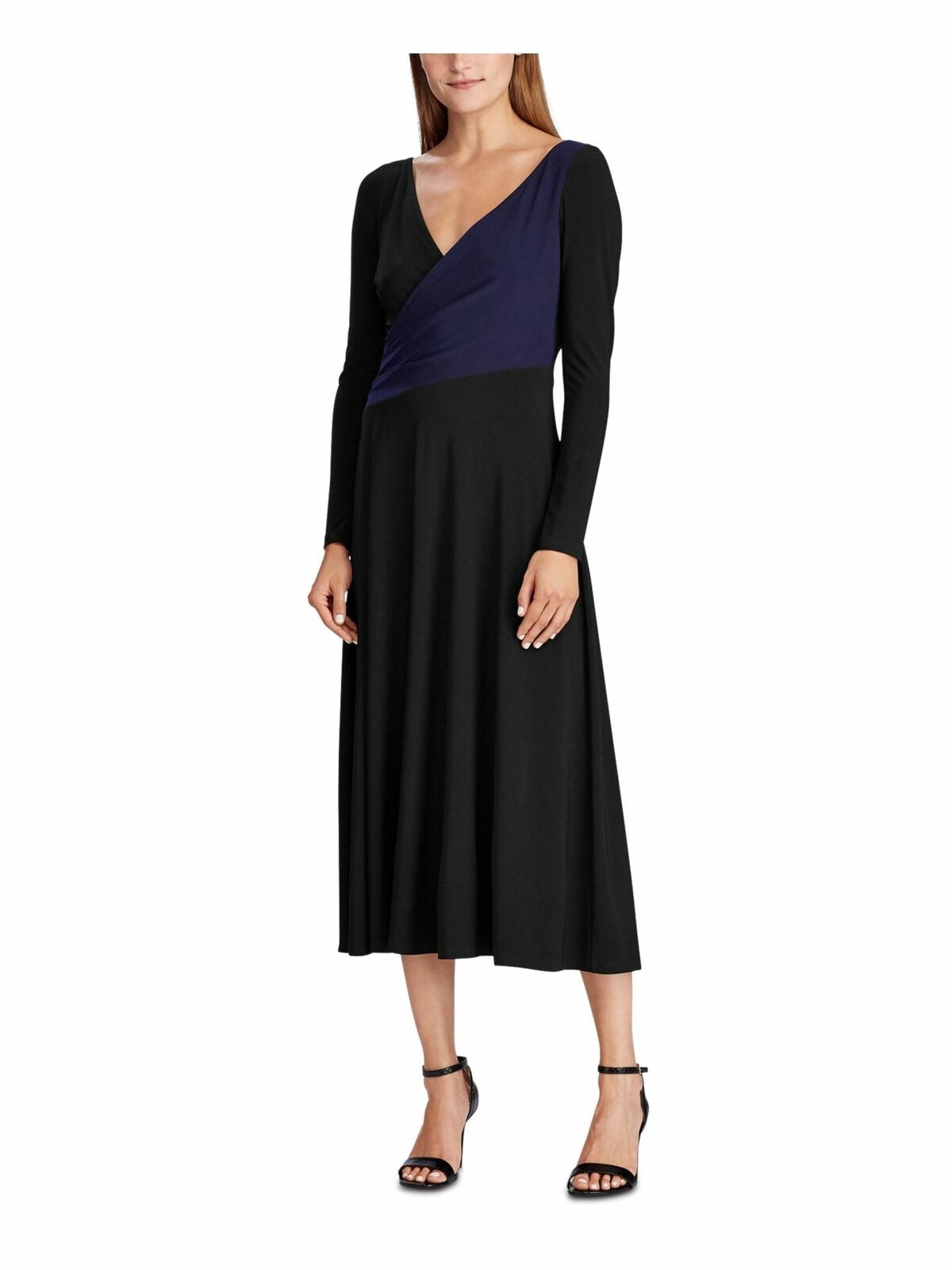 Ralph Lauren Women's Black Solid Long Sleeve V Neck Tea-Length Trapeze Formal Dress Black Size 16