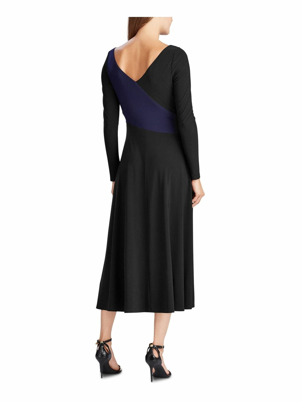 Ralph Lauren Women's Black Solid Long Sleeve V Neck Tea-Length Trapeze Formal Dress Black Size 16