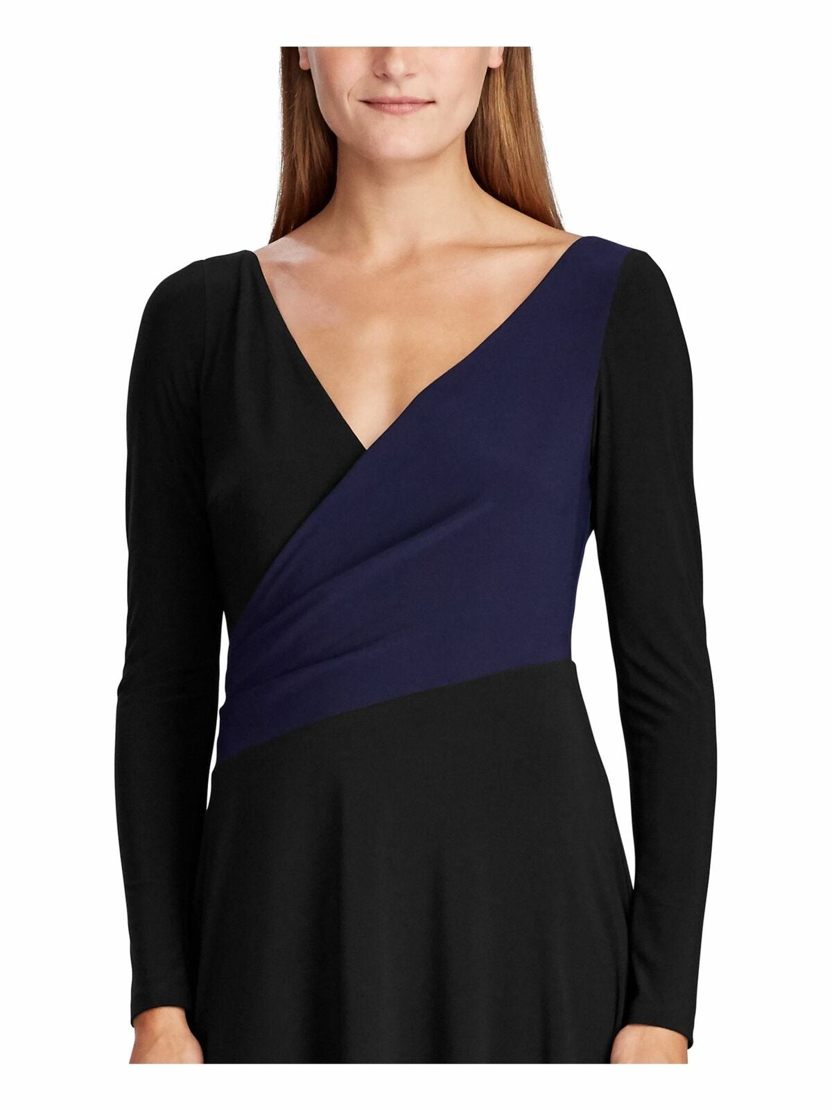 Ralph Lauren Women's Black Solid Long Sleeve V Neck Tea-Length Trapeze Formal Dress Black Size 16