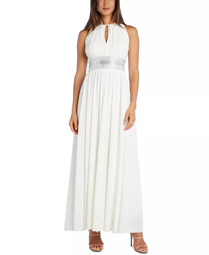 R & M Richards Women's Embellished Keyhole Cutout Gown White Size 8