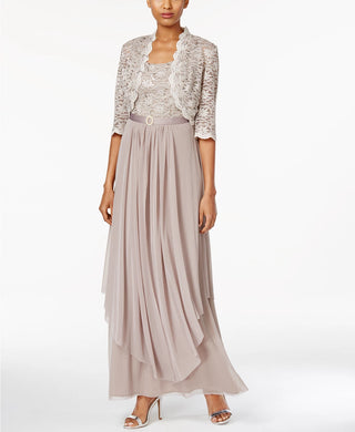 R & M Richards Women's Sequined Lace Belted Gown And Jacket Lt Beige Size 16
