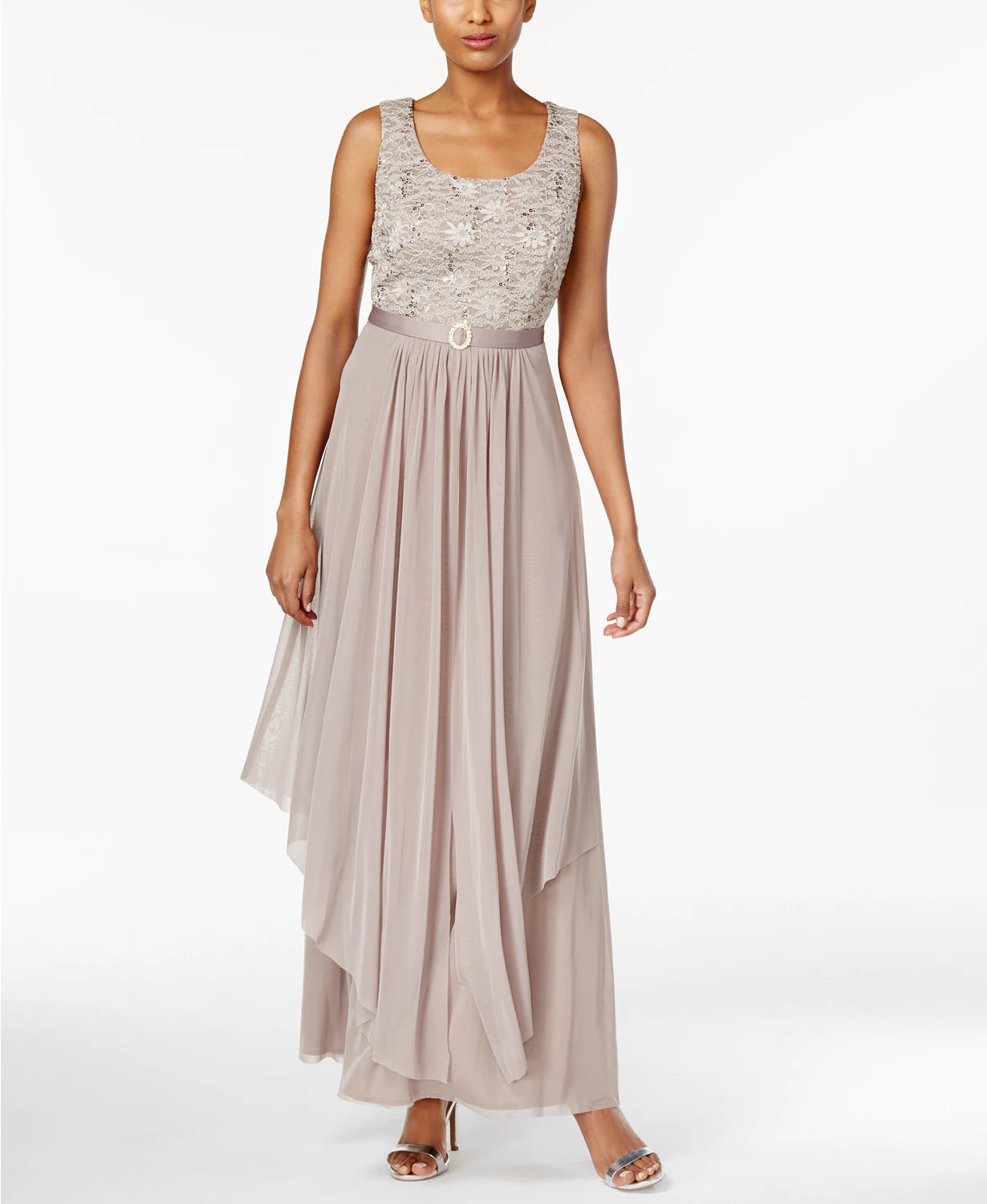 R & M Richards Women's Sequined Lace Belted Gown And Jacket Lt Beige Size 16