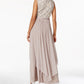 R & M Richards Women's Sequined Lace Belted Gown And Jacket Lt Beige Size 16