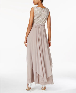 R & M Richards Women's Sequined Lace Belted Gown And Jacket Lt Beige Size 16