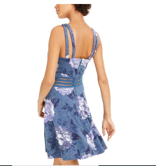 City Studios Junior's Glitter Floral Print Skater Dress Navy Size 3