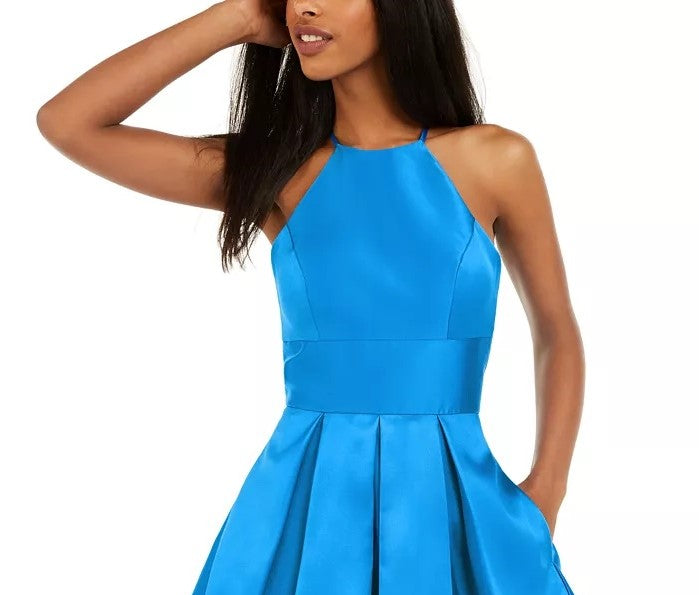 B Darlin Juniors' Halter Fit & Flare Dress Bright Blue Size 11/12