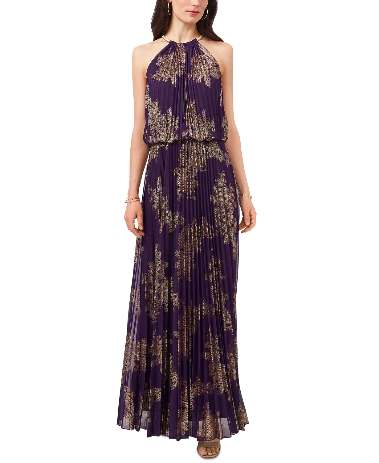 MSK Women's Metallic-Print Pleated Blouson Gown Gold Size 6