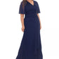 B & A By Betsy & Adam Women's Embellished Flutter Sleeve Gown Navy Size Petite Small