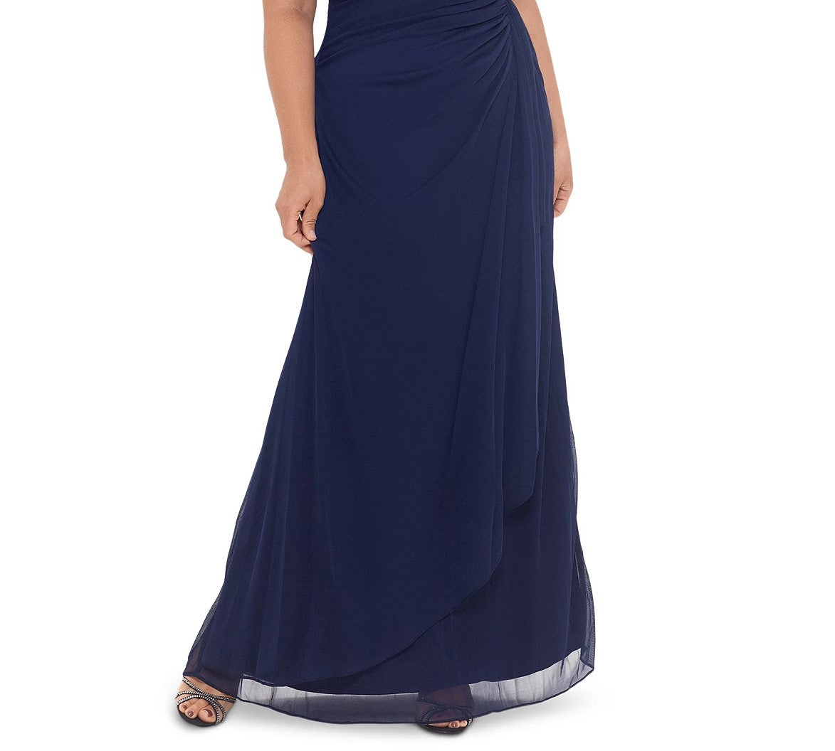 B & A By Betsy & Adam Women's Plus Size Embellished Flutter-Sleeve Gown Navy Size Small Petite