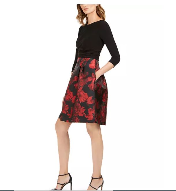 Jessica Howard Women's Solid & Floral Fit & Flare Dress Charcoal Size 14 Petite